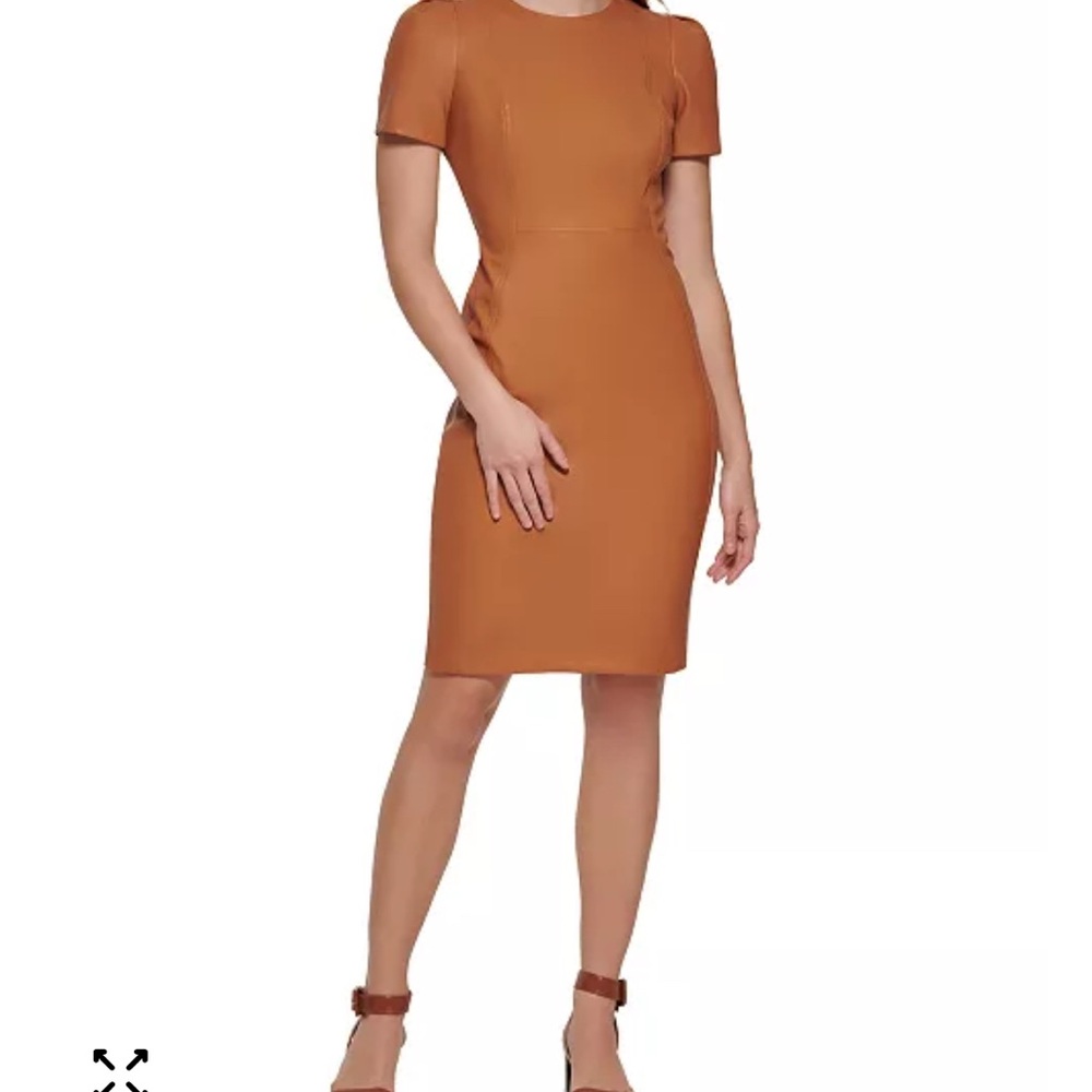 Calvin Klein Tan Midi Faux Leather Tailored Fit Dress